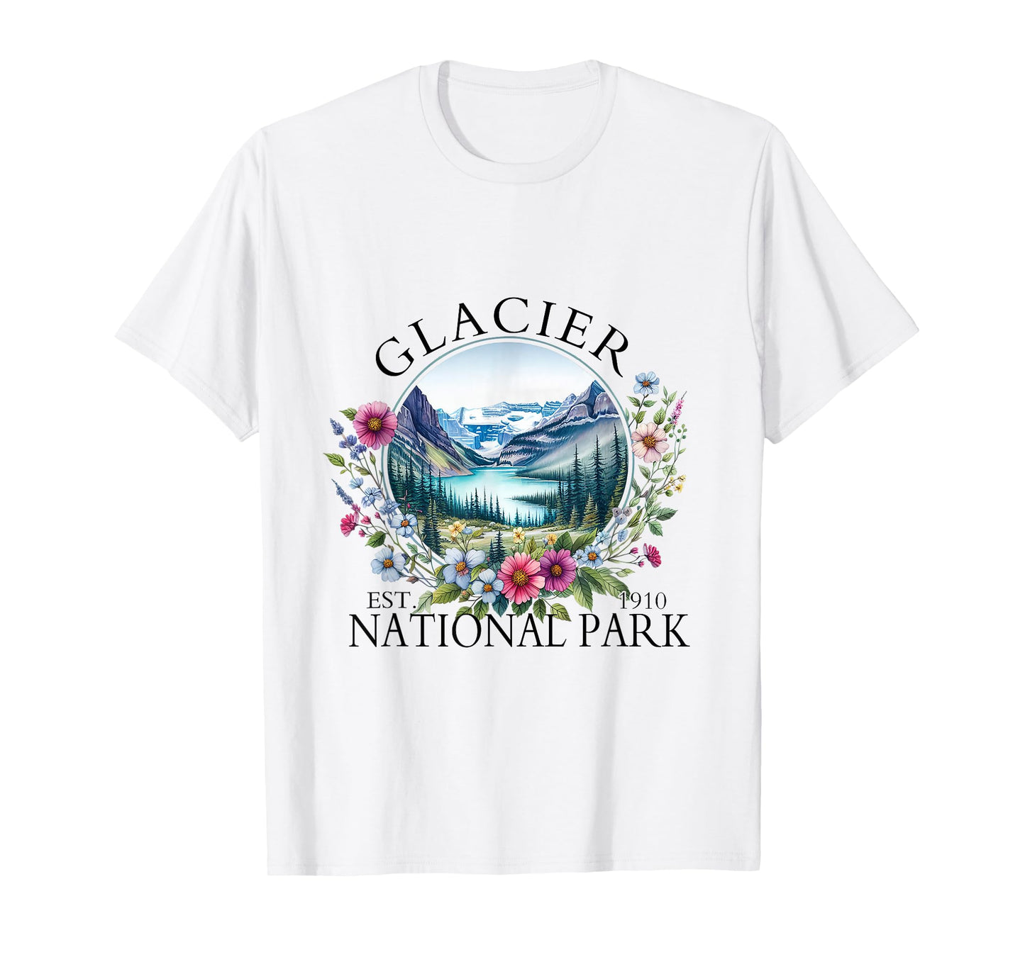 Retro Floral Glacier National Park Hiking Camping Outdoor T-Shirt