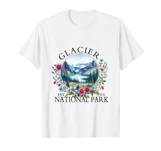 Retro Floral Glacier National Park Hiking Camping Outdoor T-Shirt