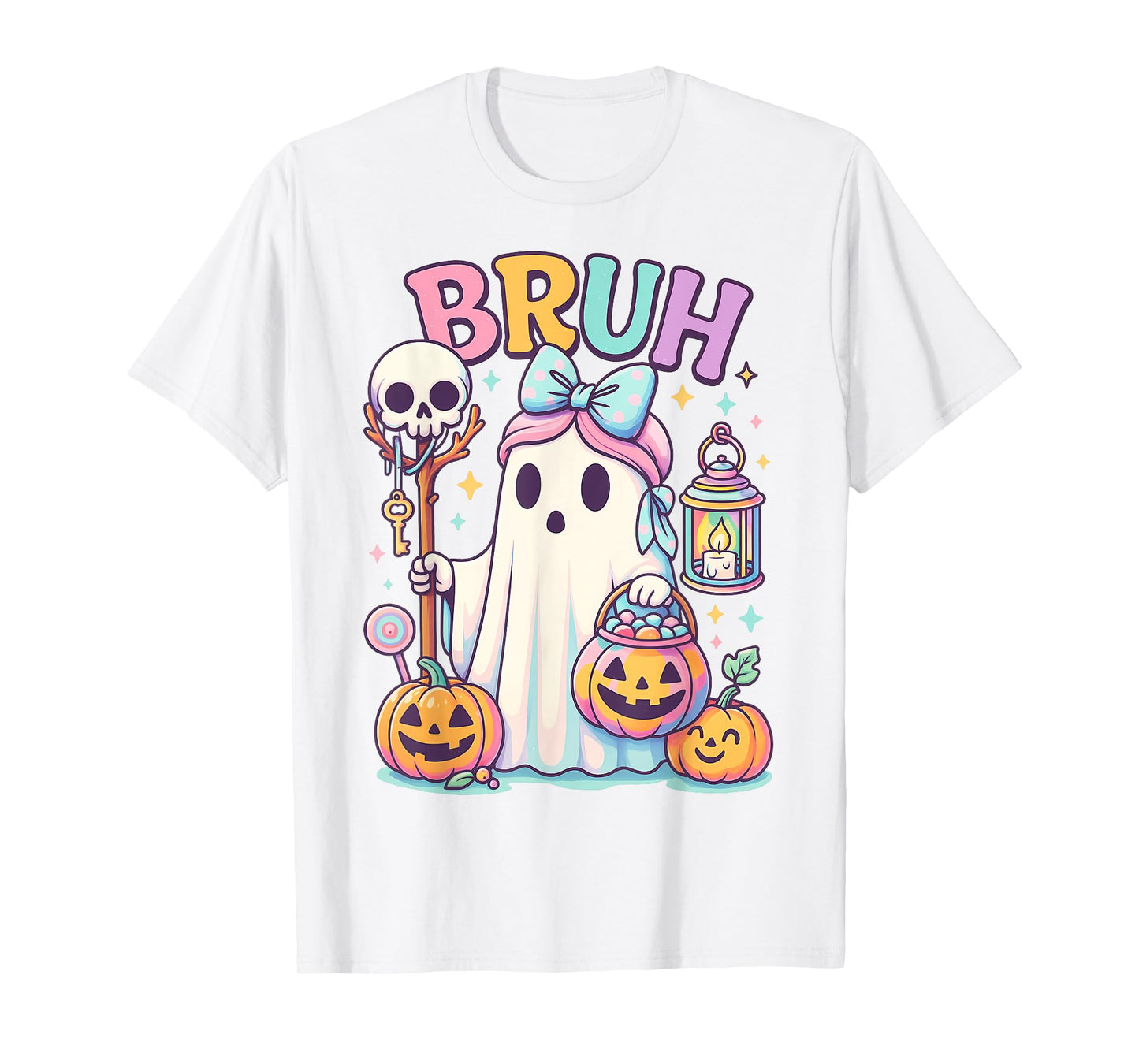 Bruh Halloween Cute Ghost Trick Or Treat Candy Bow Girl Kids T-Shirt