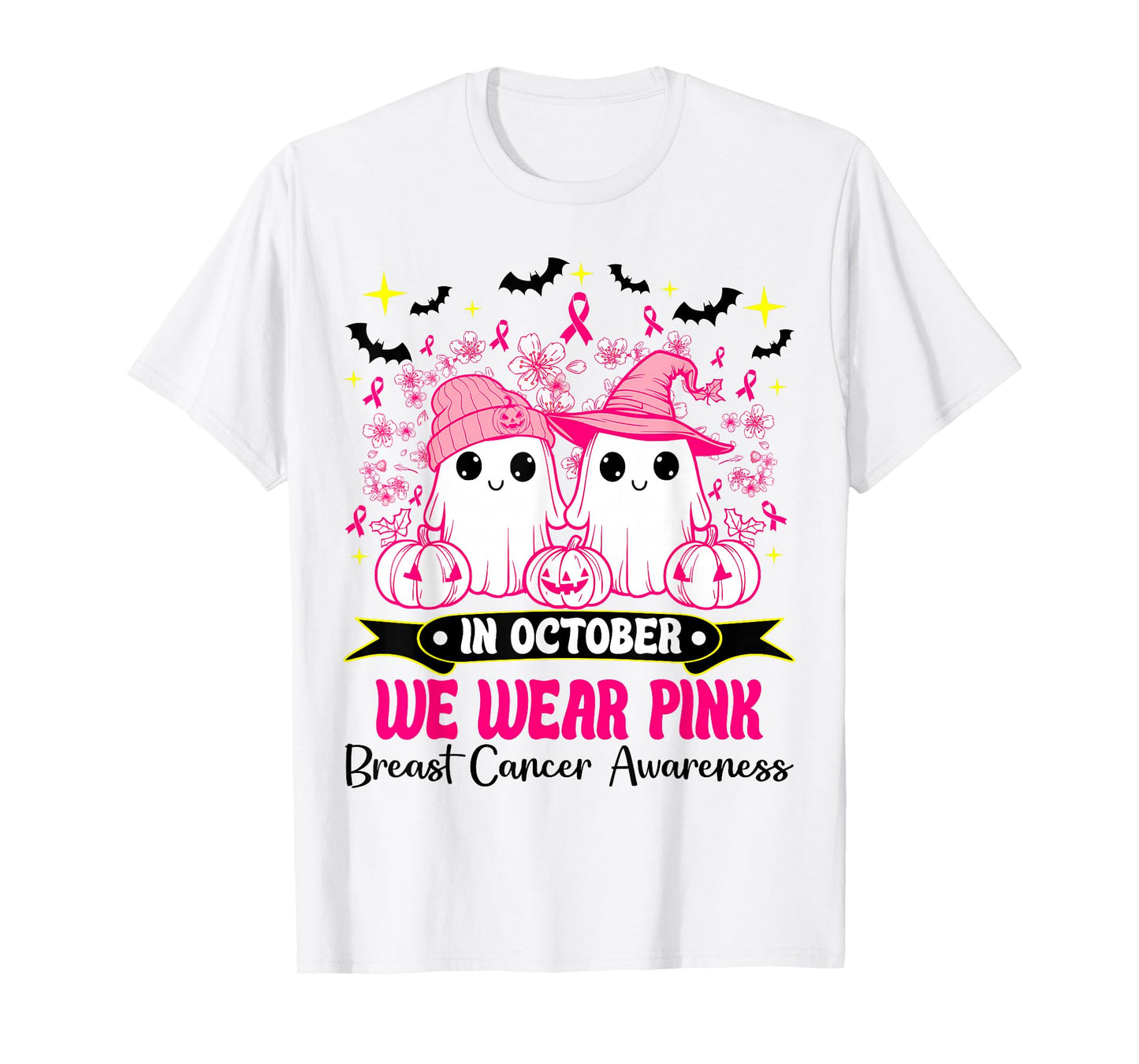 in October We Wear Pink Ghost Witch Breast Cancer Awareness T-Shirt