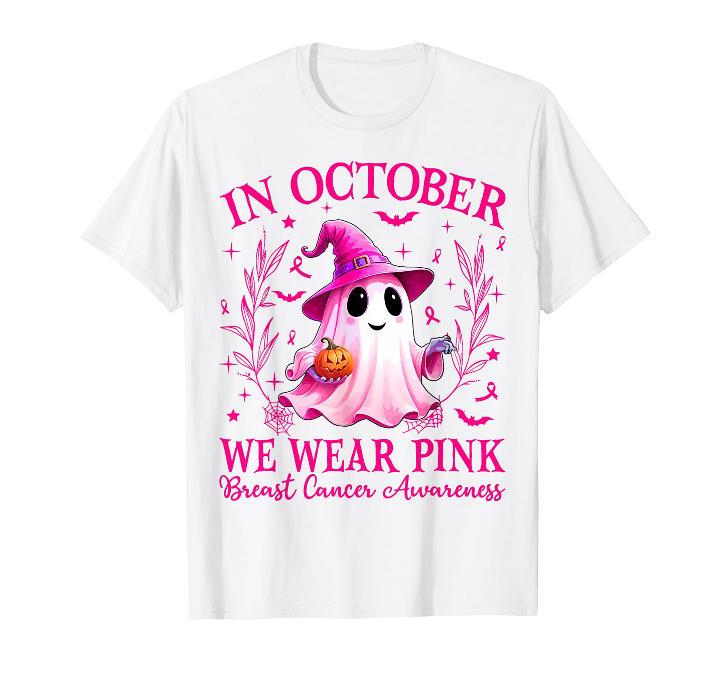 in October We Wear Pink Ghost Witch Breast Cancer Awareness T-Shirt