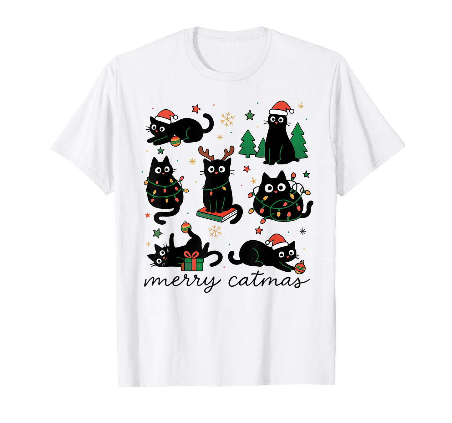 Cute Merry Catmas Cat Lover Christmas Light Pajama Santa Hat T-Shirt