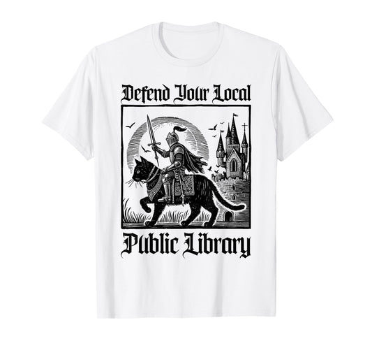 Defend Your Local Public Library Funny Knight Riding Cat T-Shirt