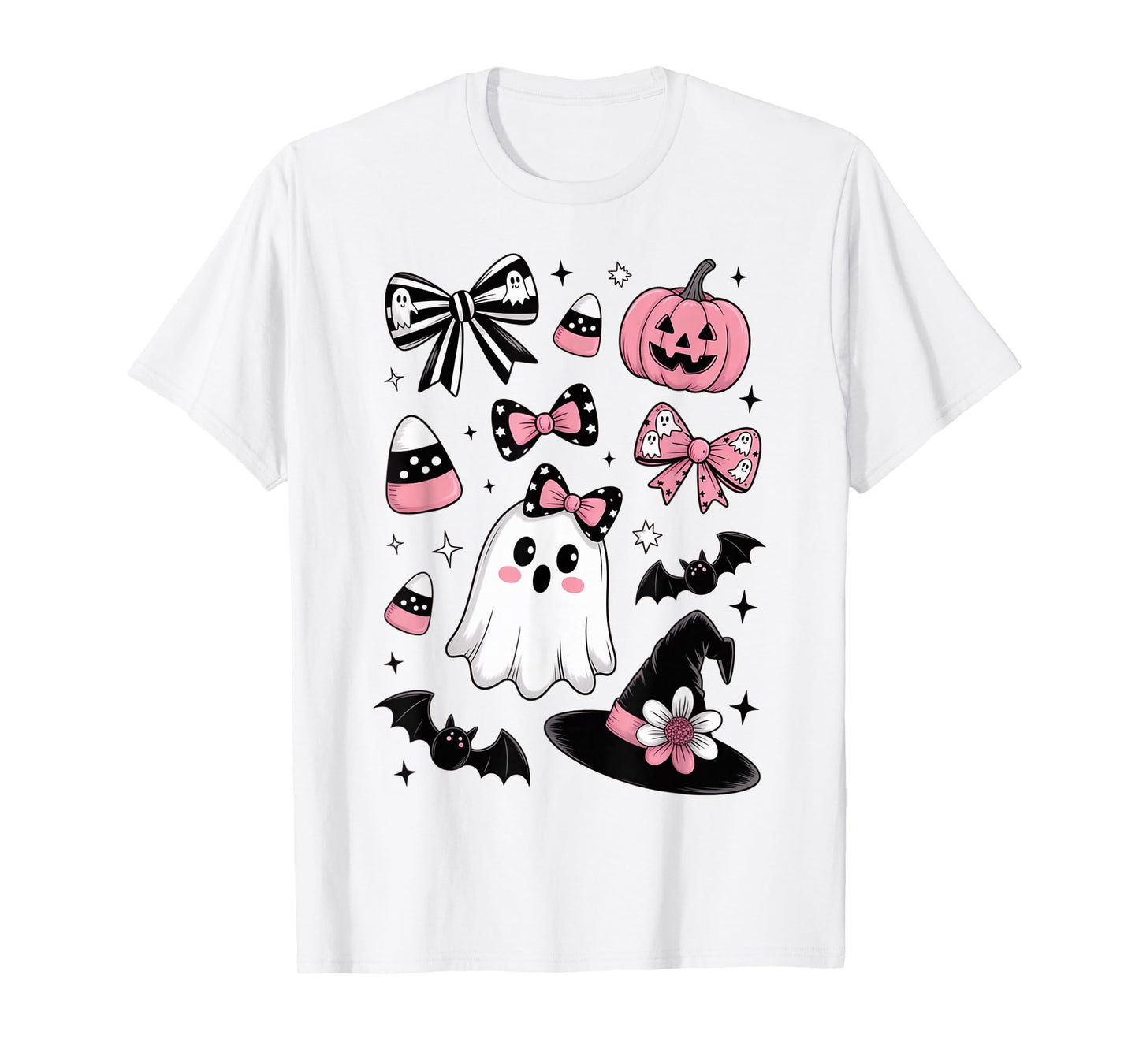 Pink Halloween Doodles Ghost Witch Bow Bats Candy Kids Girls T-Shirt