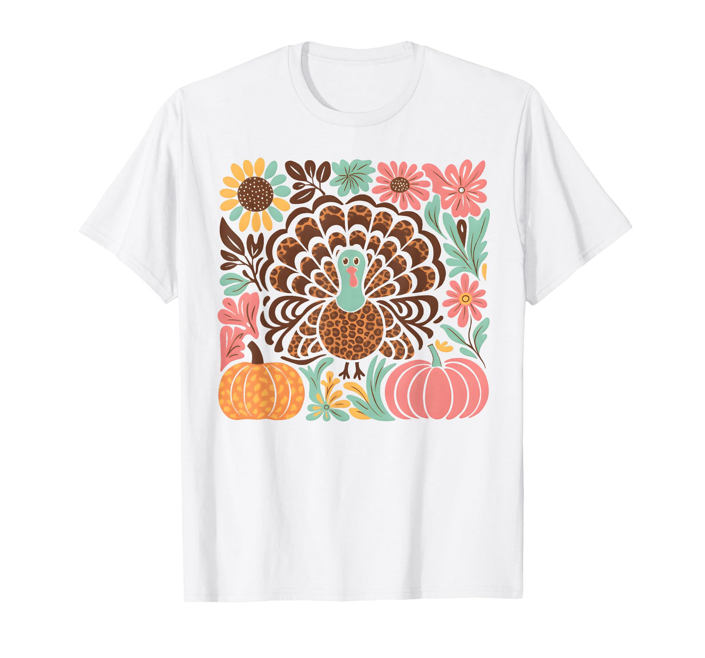Boho Floral Fall Turkey Pumpkin Thanksgiving Girl Women T-Shirt