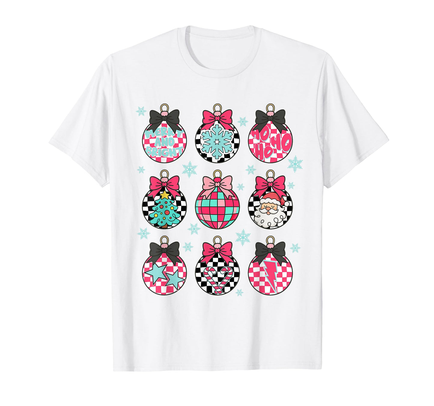 Christmas Balls Coquette Bow Merry Xmas Vibes Checkered T-Shirt