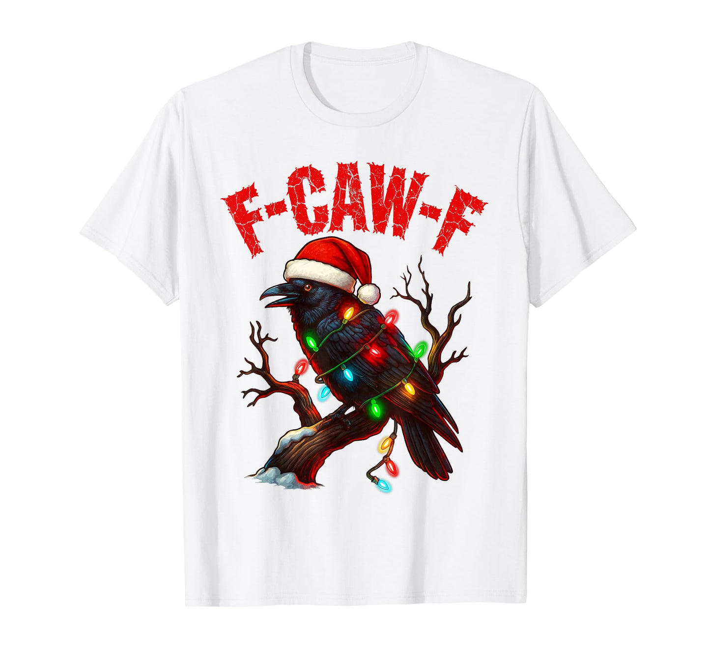 Black Crow F-Caw-F Funny Retro Christmas Lights Santa hat T-Shirt