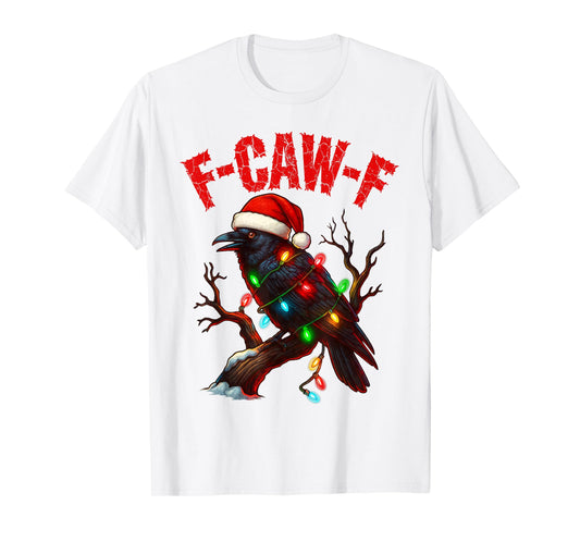 Black Crow F-Caw-F Funny Retro Christmas Lights Santa hat T-Shirt