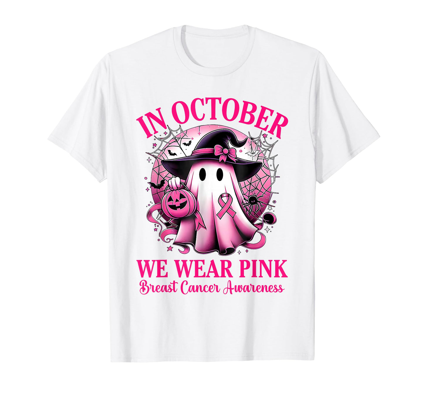 in October We Wear Pink Ghost Witch Breast Cancer Awareness T-Shirt