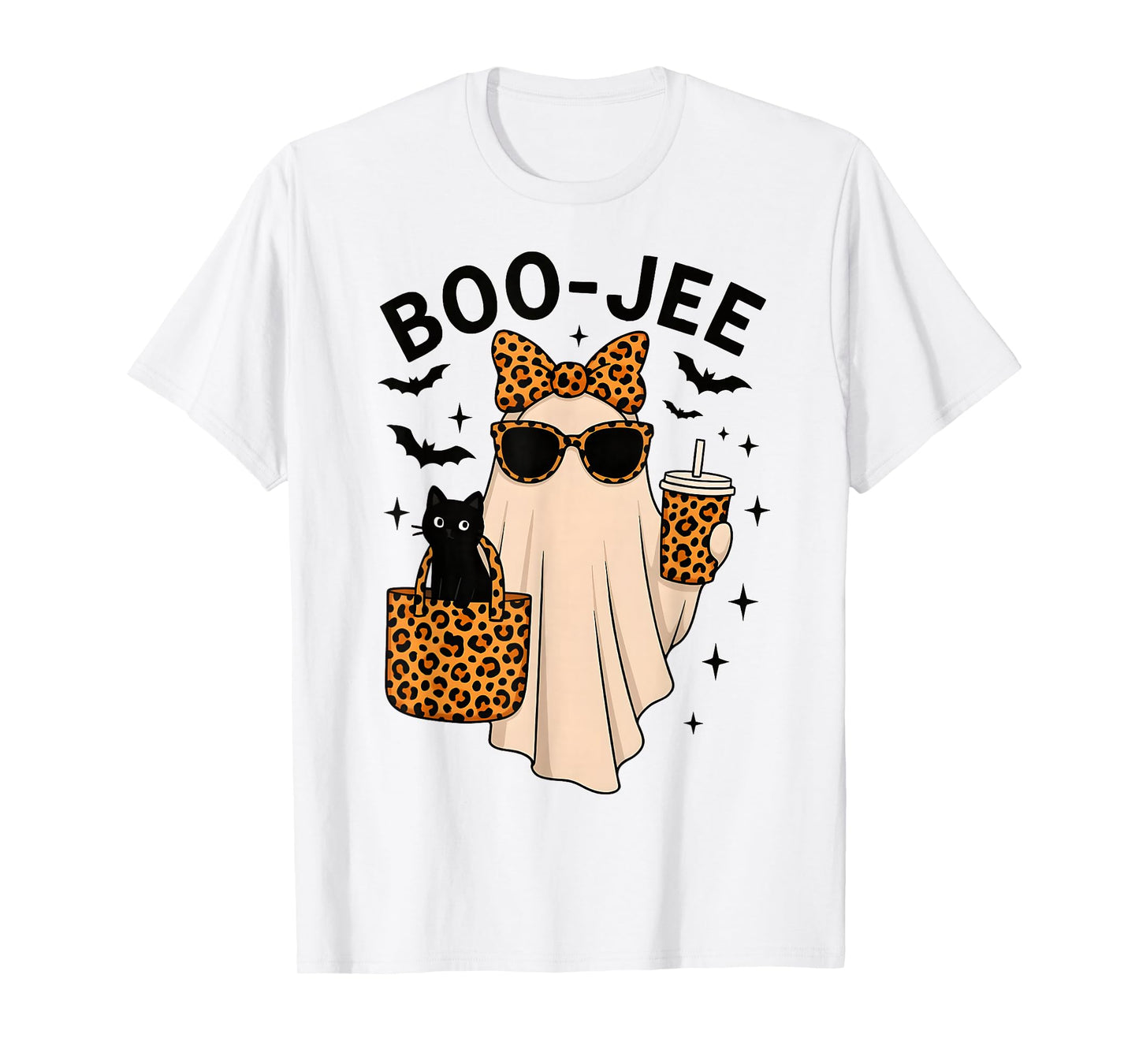 Coquette Leopard Ghost Coffee Boo-JEE Cute Cat Halloween T-Shirt