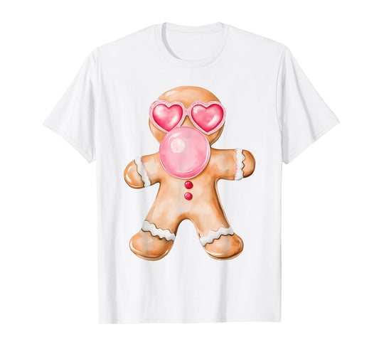Gingerbread Blowing Bubble Gum Pink Sunglasses Christmas T-Shirt