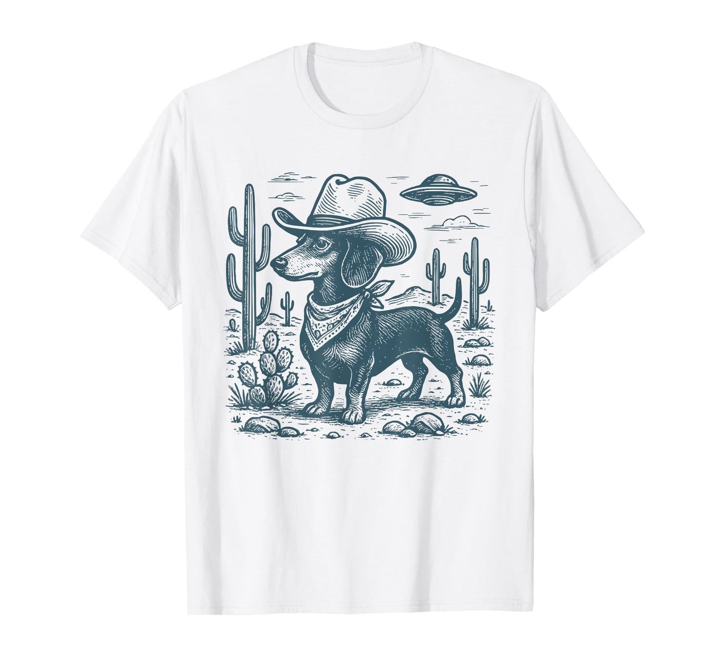 Vintage Western Dachshund Cowboy UFO Wiener Dog Doxie T-Shirt