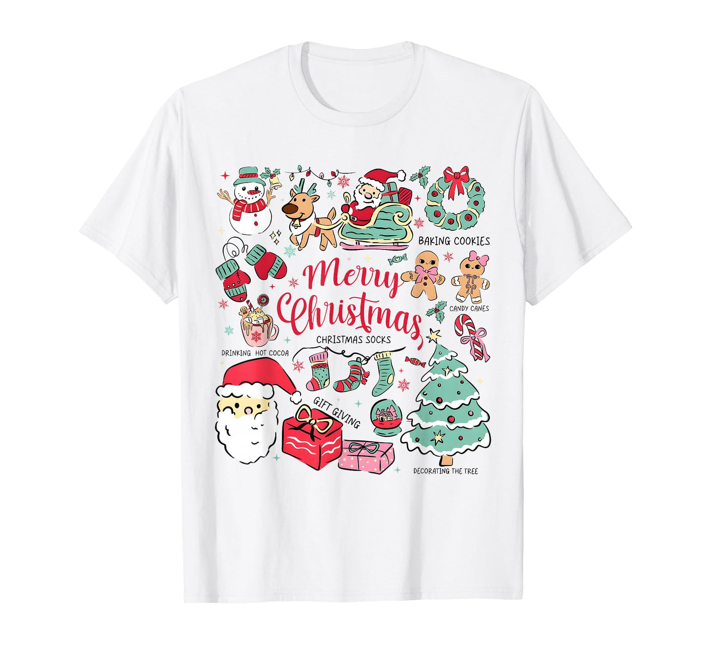 Merry Christmas Santa Sleigh Tree Wreath Gingerbread Socks T-Shirt