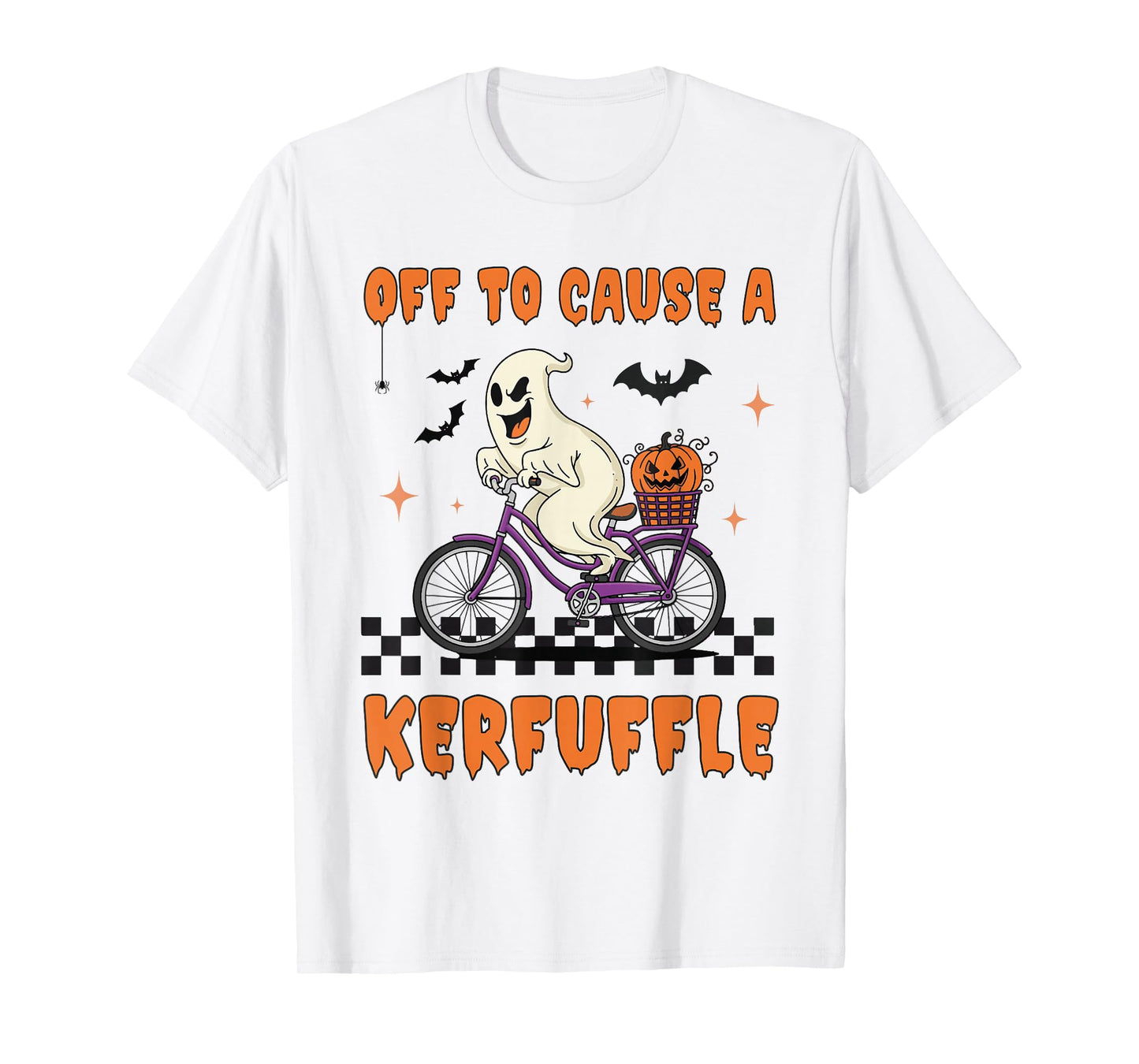 Off to Cause a Kerfuffle Scary Ghost Riding Bike Halloween T-Shirt