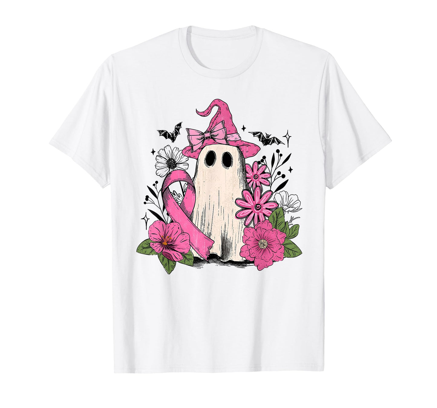 Pink Ribbon Floral Ghost Witch Breast Cancer Awareness T-Shirt
