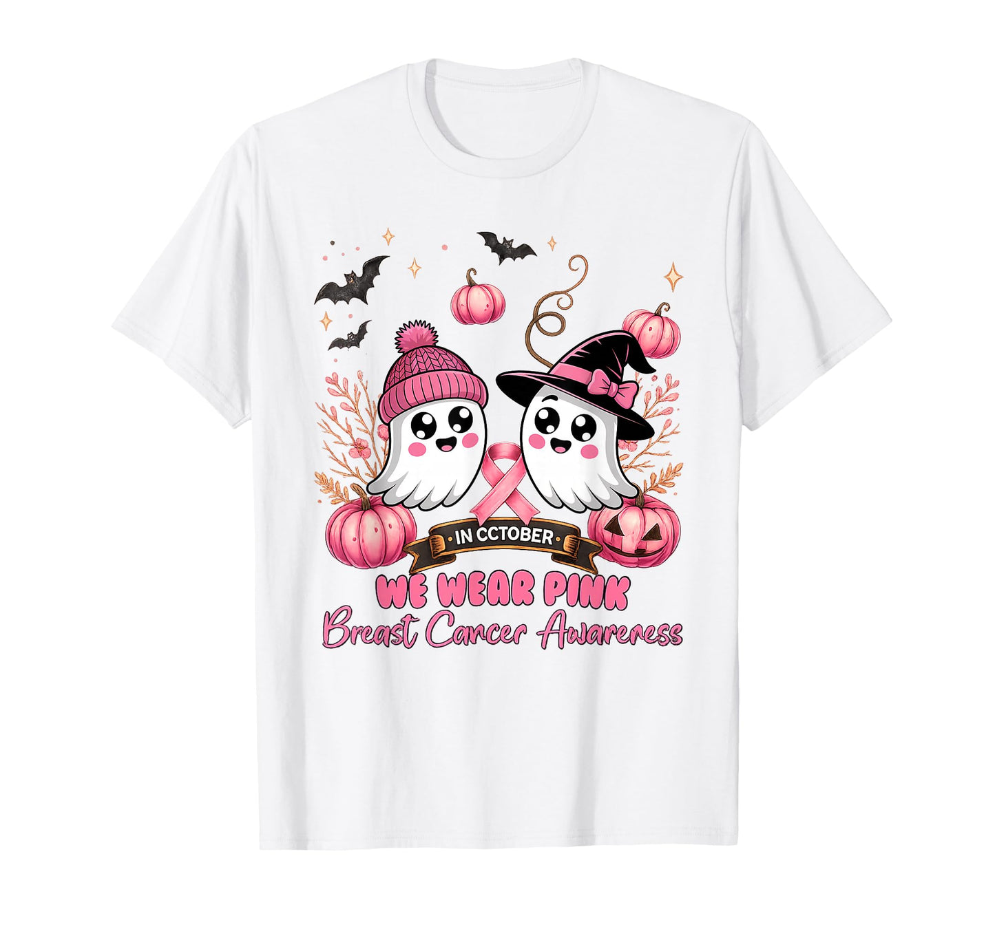 in October We Wear Pink Ghost Witch Breast Cancer Awareness T-Shirt