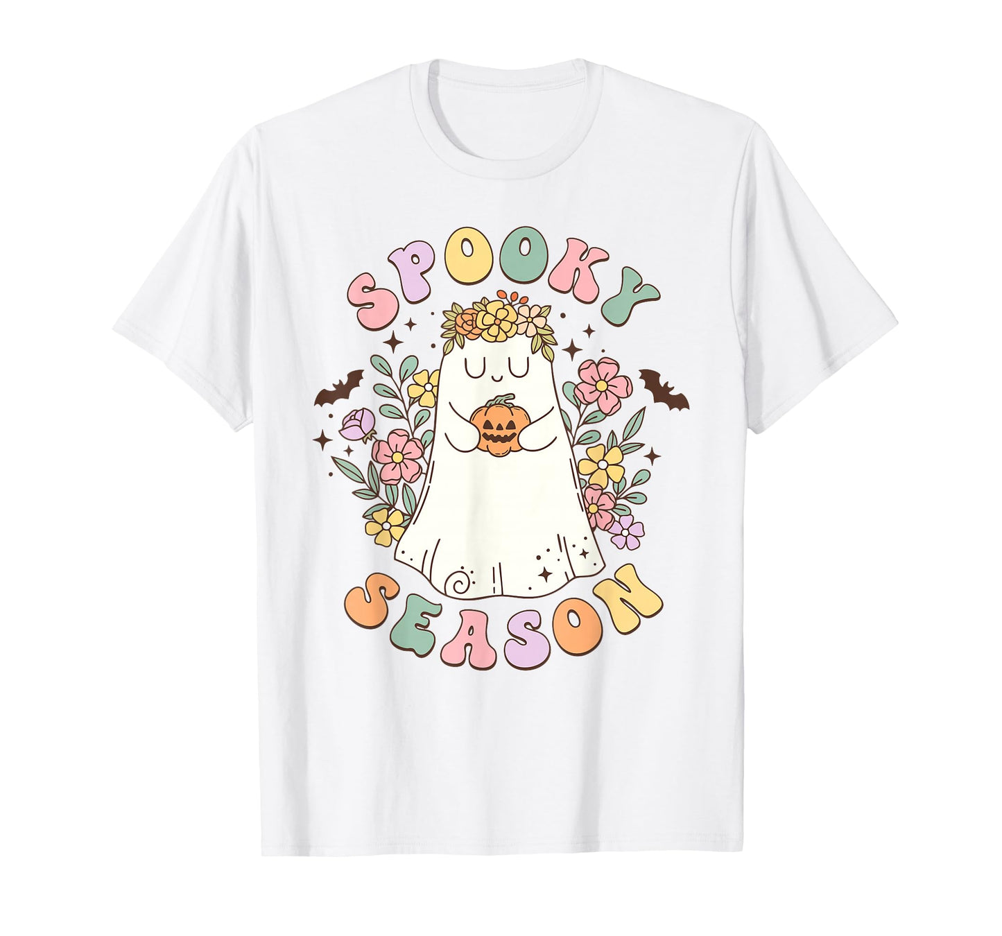 Groovy Spooky Season Retro Ghost Holding Pumpkin Halloween T-Shirt