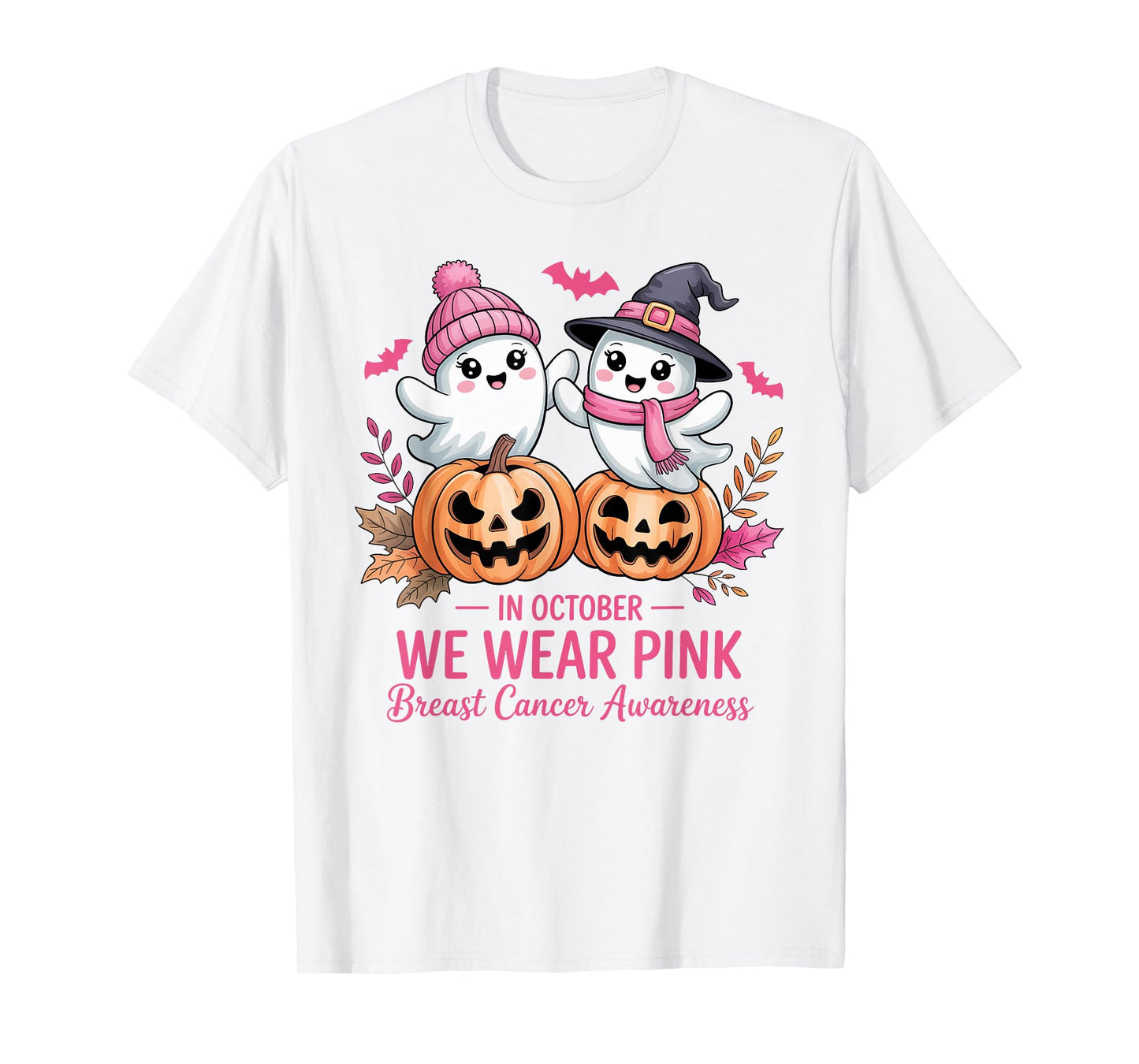 in October We Wear Pink Ghost Witch Breast Cancer Awareness T-Shirt