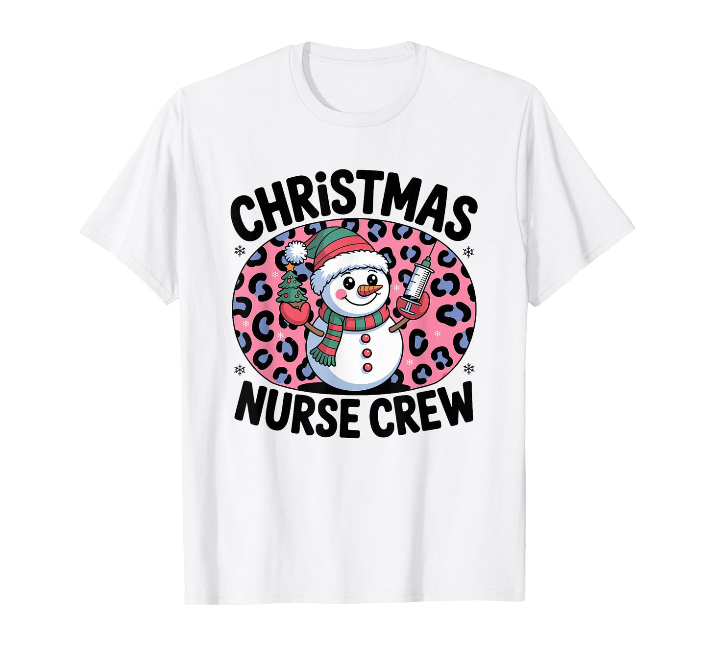 Nurse Christmas Crew Snowman Pink Leopard Print T-Shirt