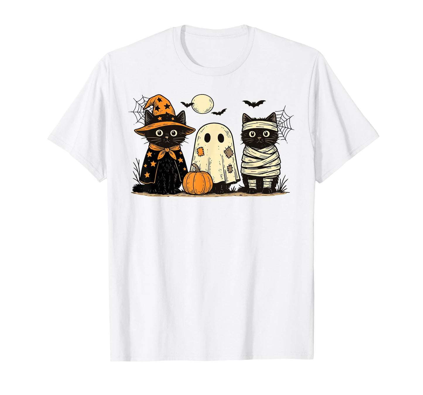 Retro Black Cat Witch Scary Halloween Pumpkin Women Men Kids T-Shirt