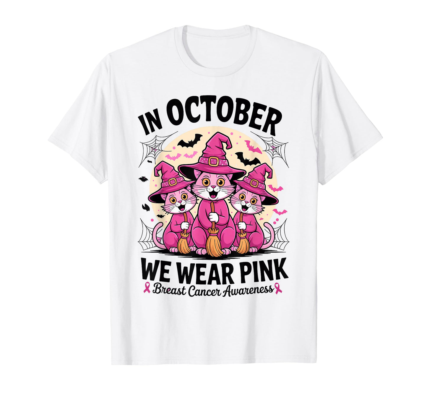 in October We Wear Pink Shirt Cats Breast Cancer Halloween T-Shirt