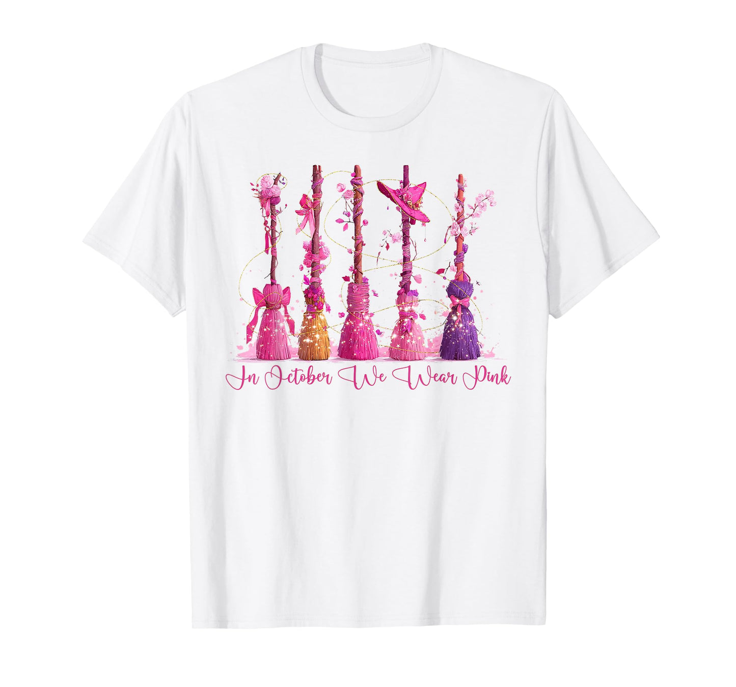 in October We Wear Pink Witches Brooms Spooky Breast Cancer T-Shirt