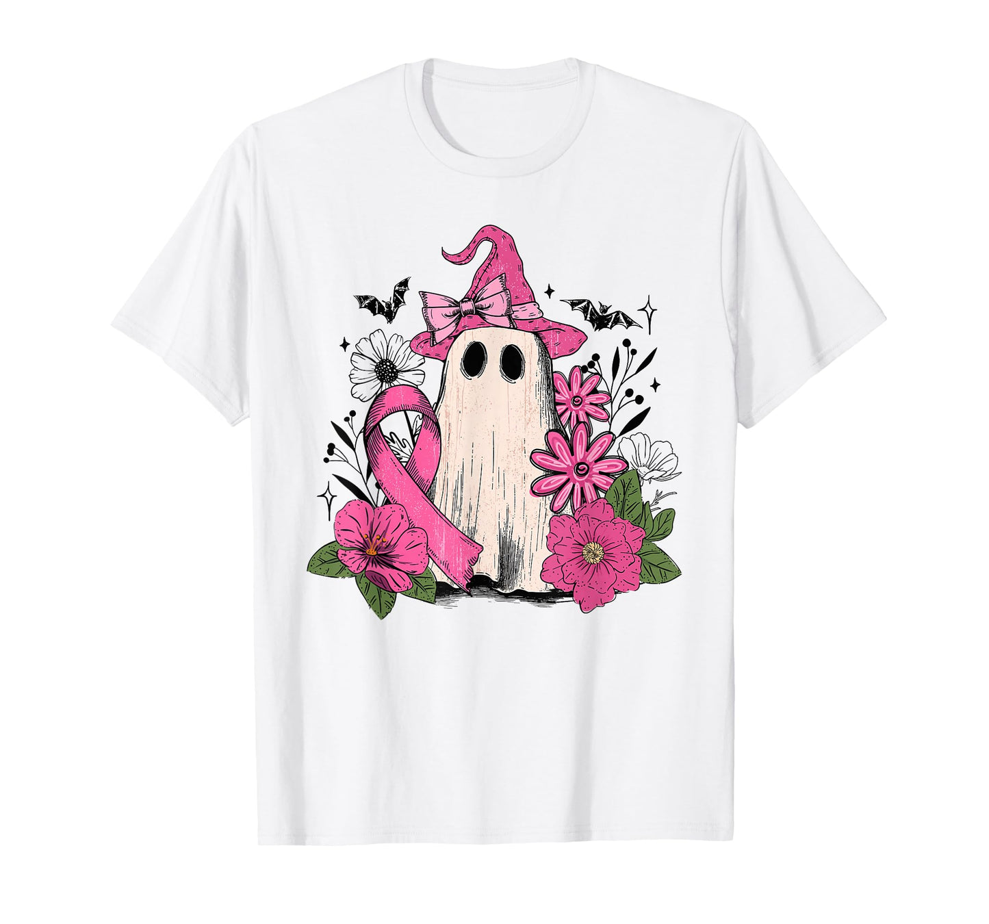 Retro Floral Pink Ghost Witch Breast Cancer Halloween Women T-Shirt