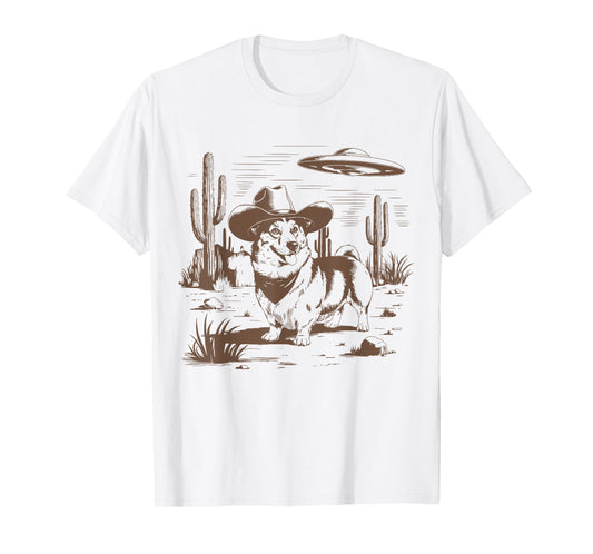 UFO Corgi Western Alien Vintage 90s Wild West Fun Cowboy Dog T-Shirt