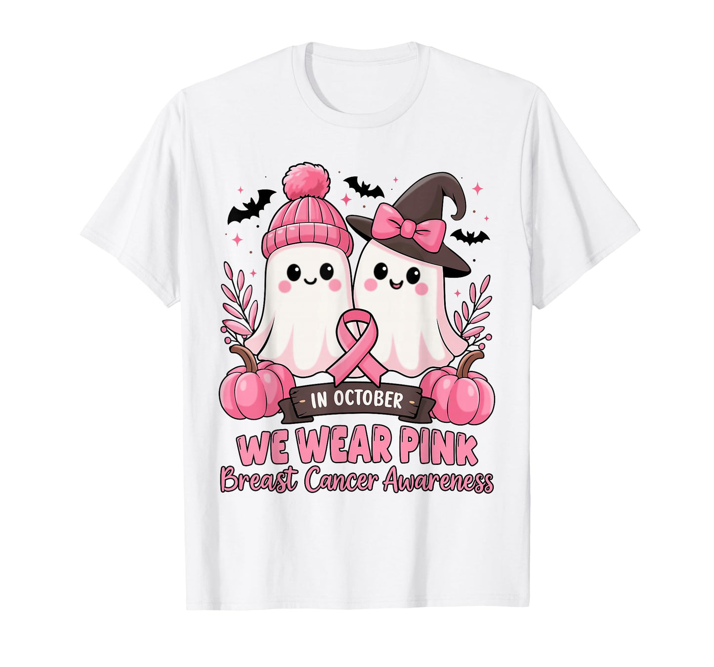 in October We Wear Pink Ghost Witch Breast Cancer Awareness T-Shirt