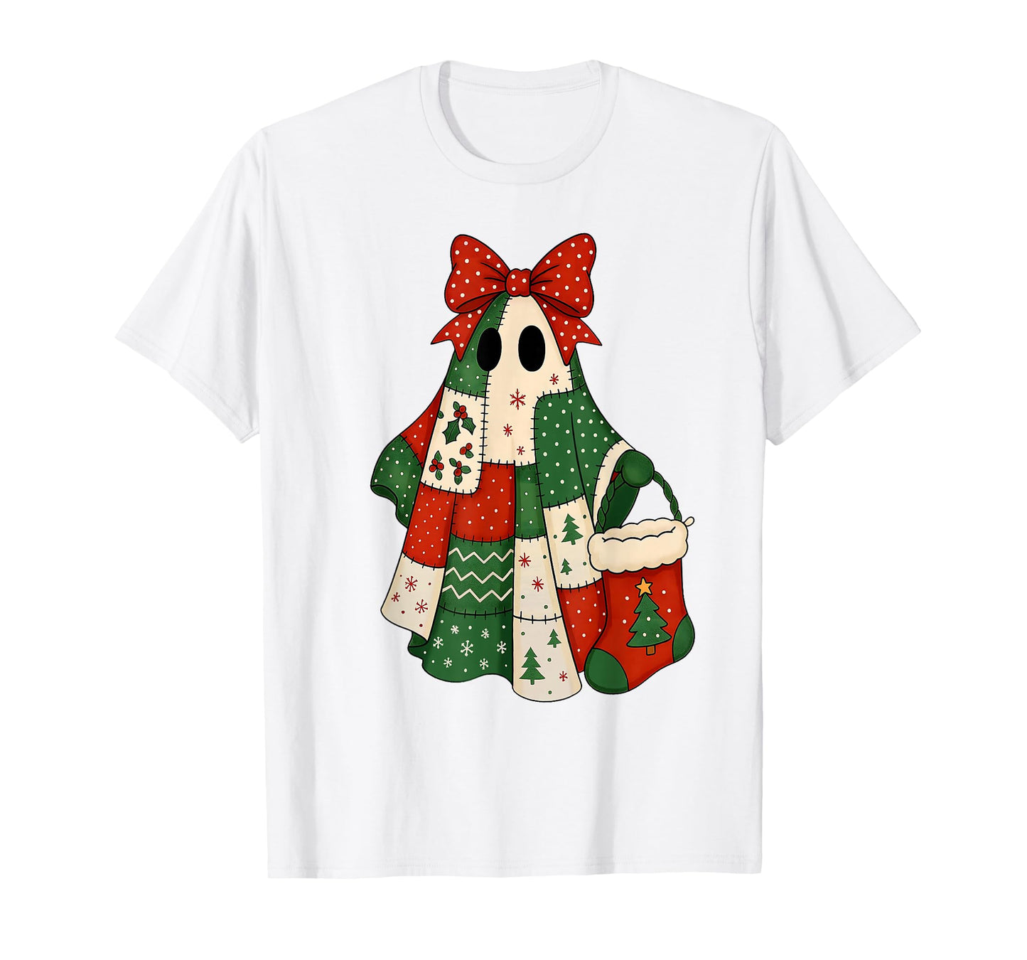 Retro Patchwork Christmas Ghost Coquette Bow X-mas Holiday T-Shirt