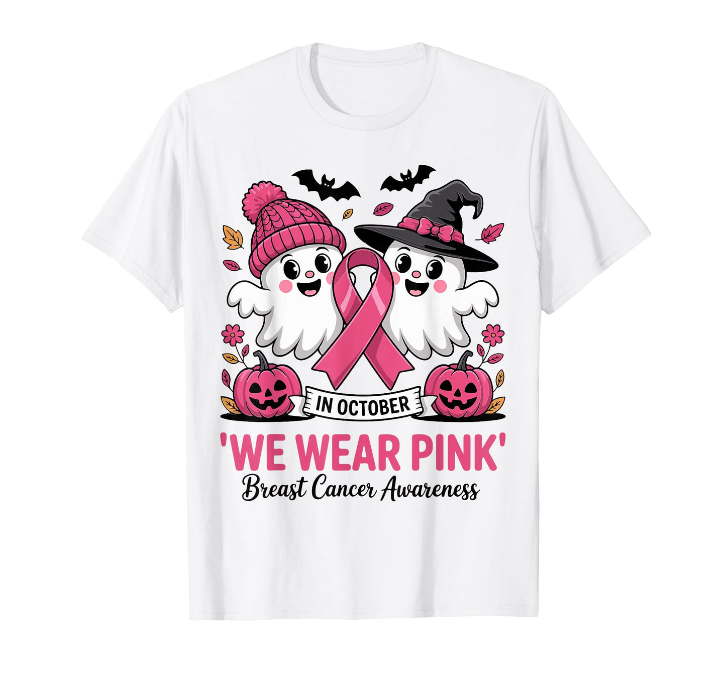in October We Wear Pink Breast Cancer Awareness Ghost Witch T-Shirt