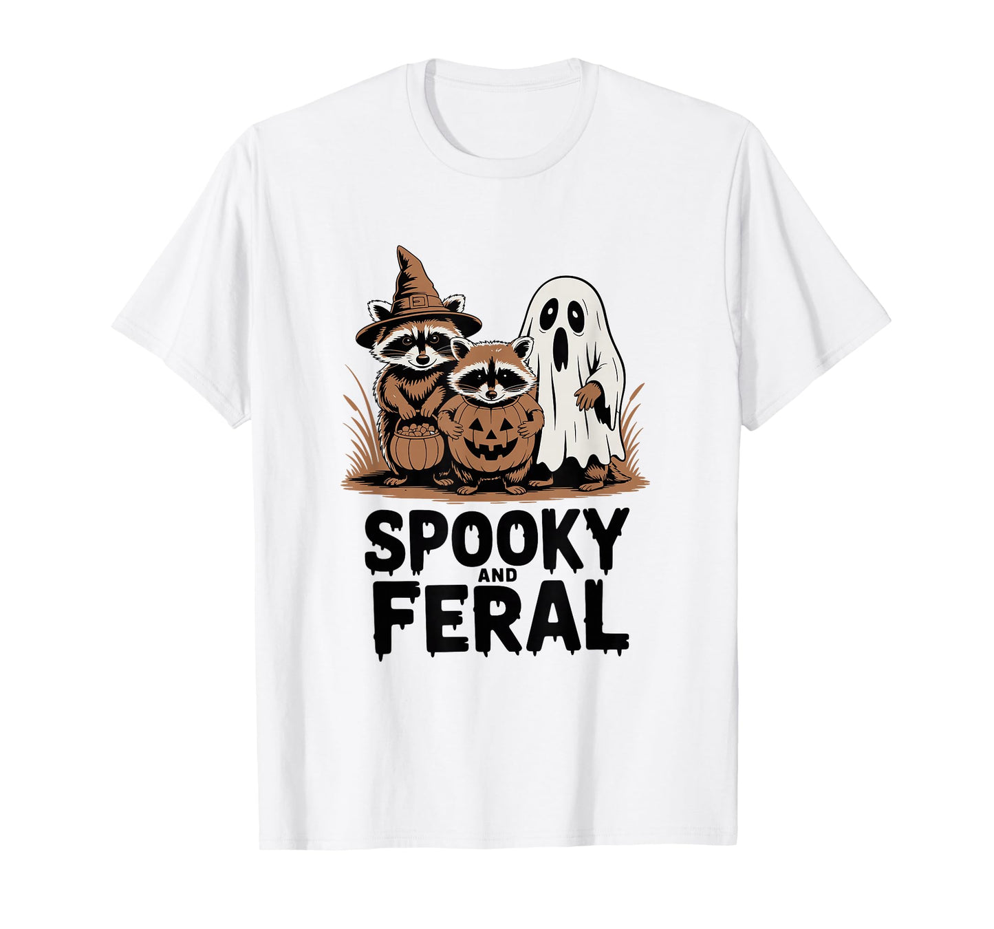 Spooky and Feral Halloween Raccoons and Ghost T-Shirt