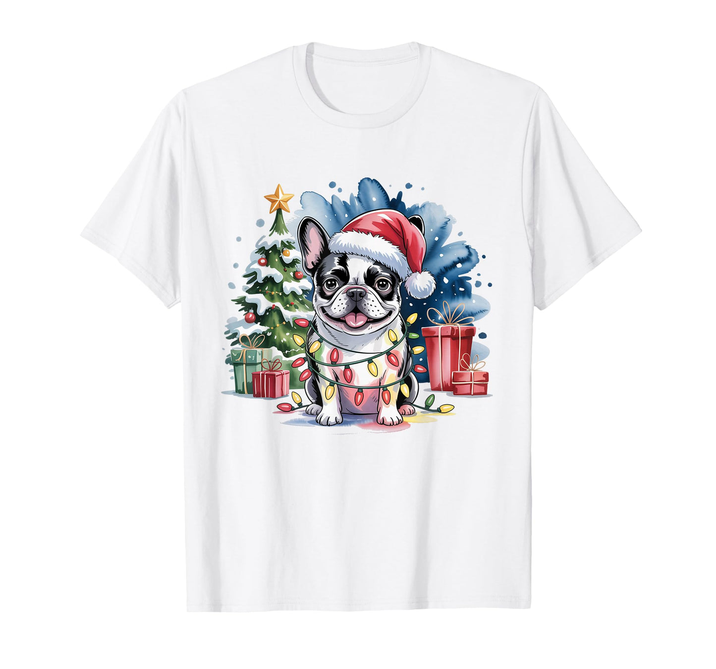 Cute Festive French Bulldog Christmas Santa Hat and Lights T-Shirt
