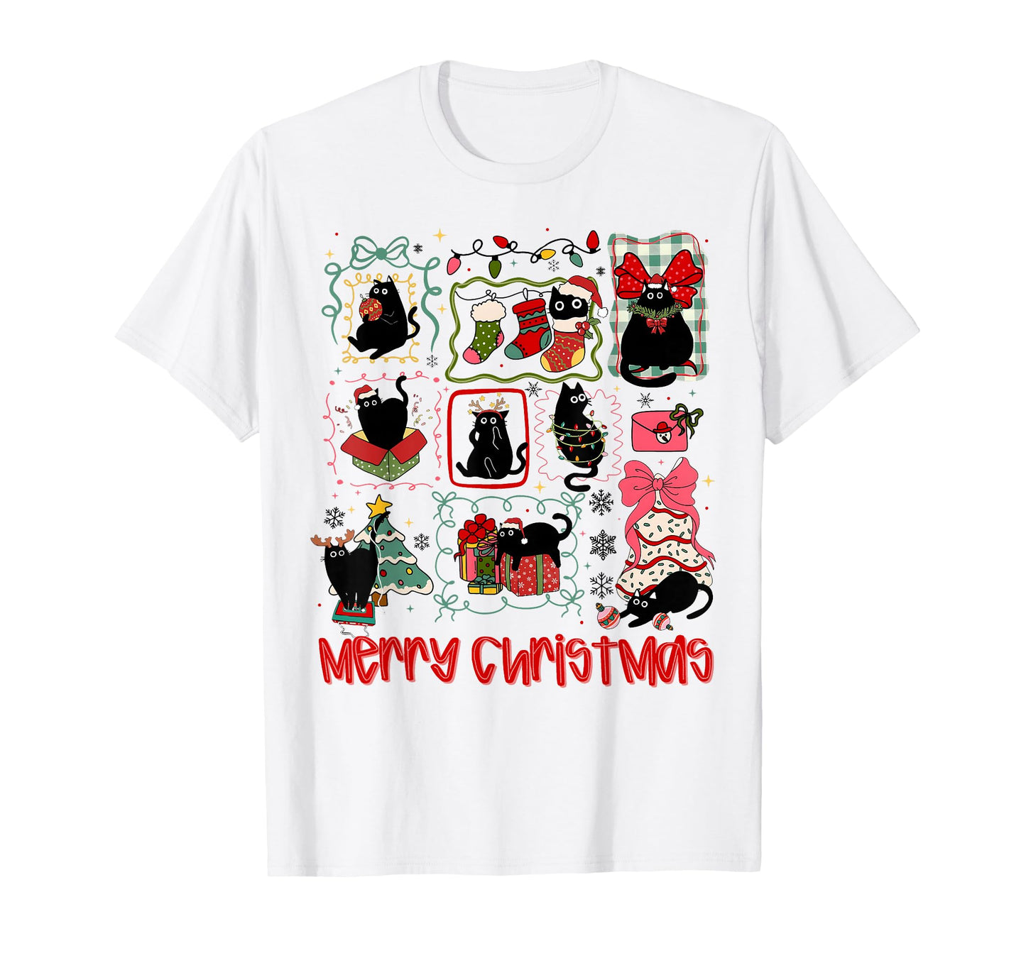 Merry Christmas Black Cat Coquette Bow Xmas Light Girl Women T-Shirt