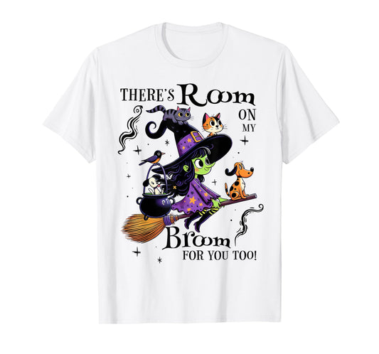 Cute Witch Halloween Broom Flying Cat Dog Spooky Season T-Shirt