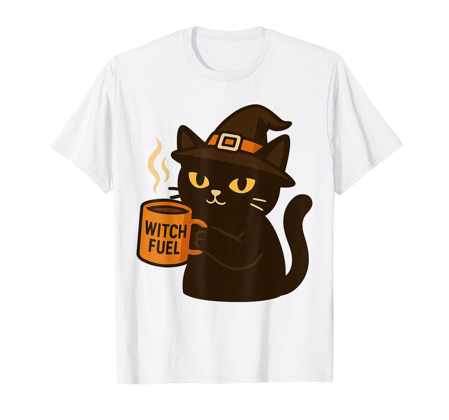 Black Witch Cat Drinking Coffee Funny Witch Fuel Halloween T-Shirt