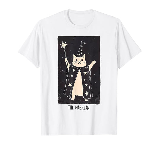 Wizard Cat Weird Funny Tarot Card The Magician Halloween Cat T-Shirt for Men Women Kids