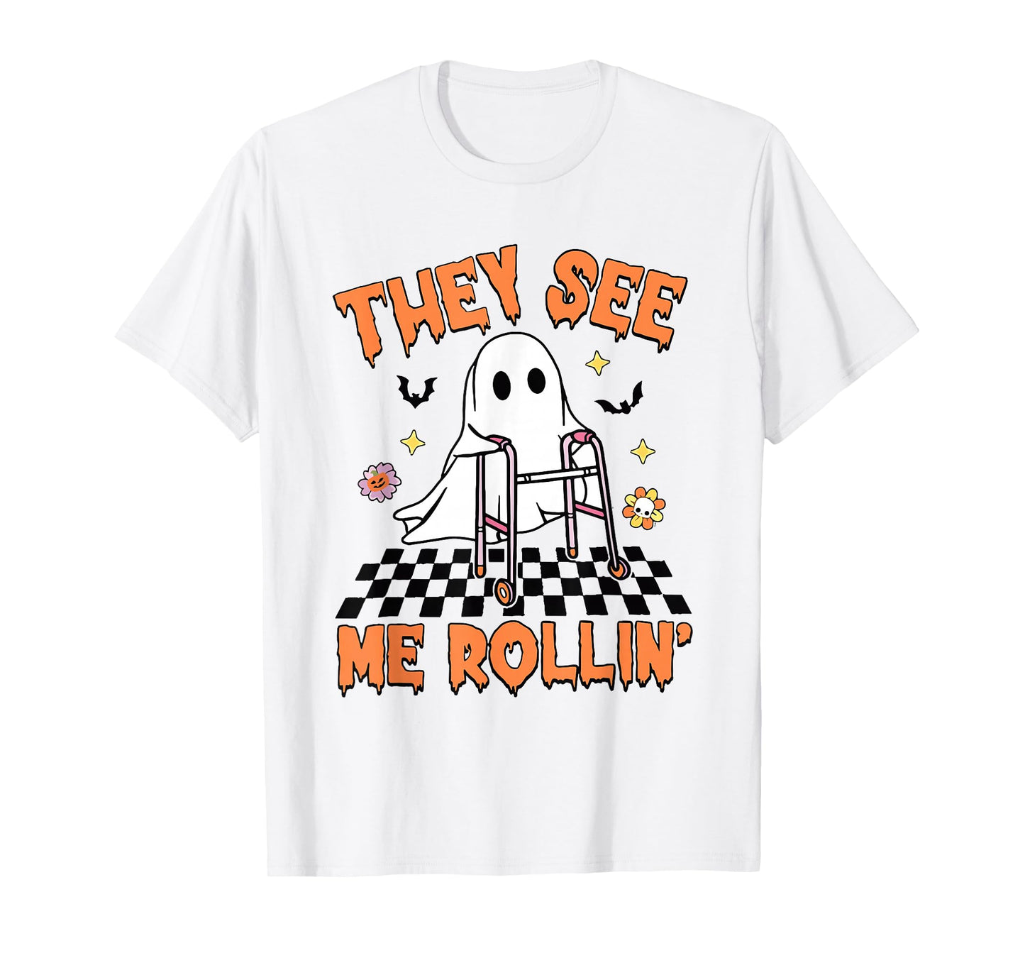 They See Me Rollin' Halloween Checkered Floral Ghost Therapy T-Shirt