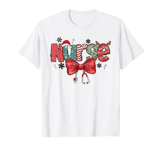 Cute School Nurse Christmas Design with Bow and Hat T-Shirt
