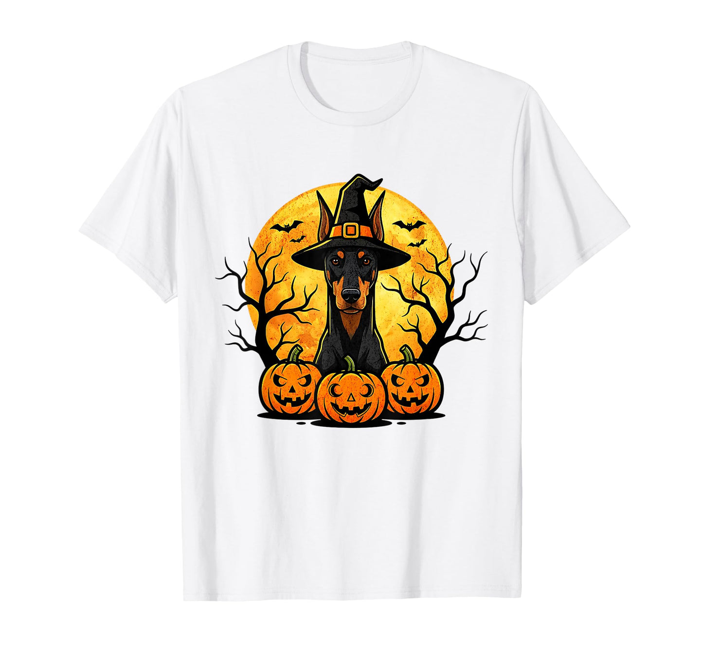 Spooky Doberman in Witch Hat Halloween Pumpkins Bats T-Shirt