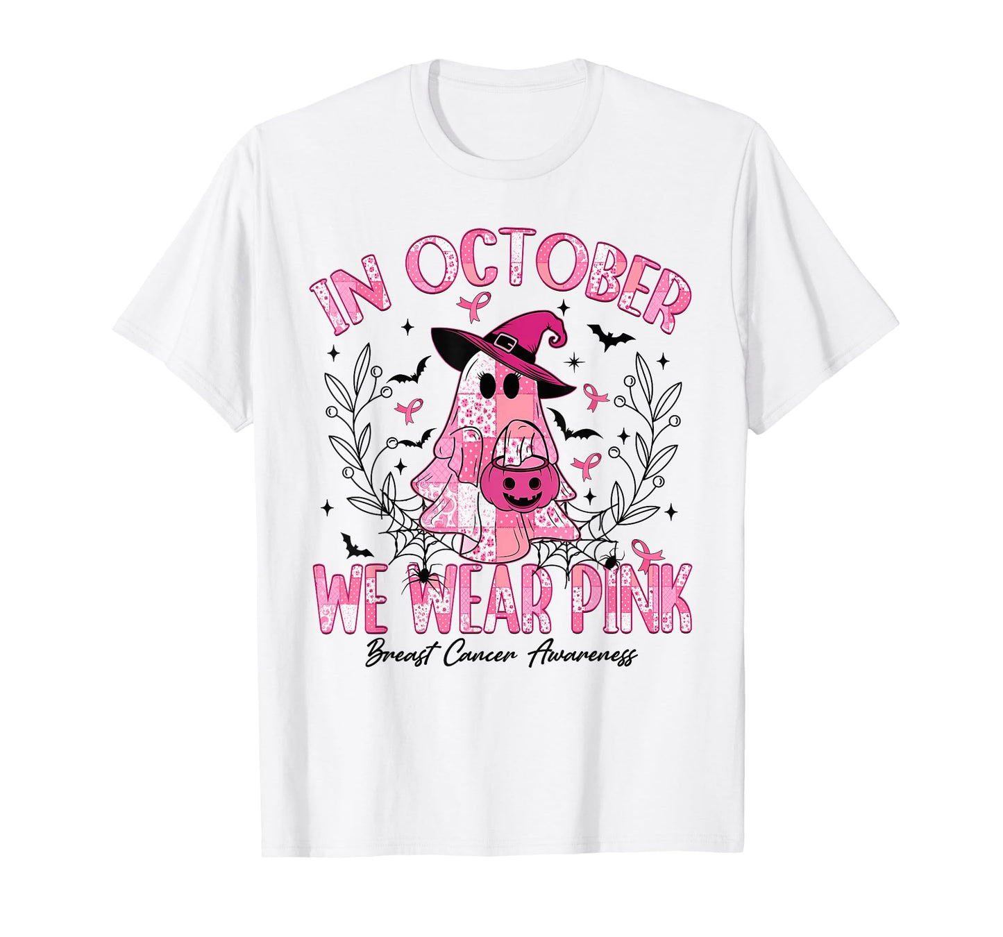 in October We Wear Pink Ghost Witch Breast Cancer Awareness T-Shirt