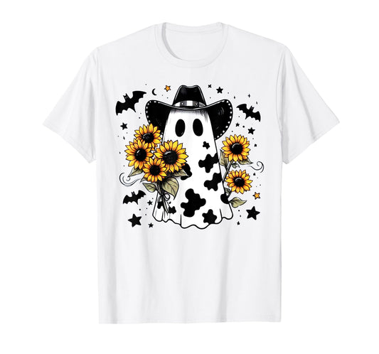 Cute Cowhide Ghost Sunflowers Funny Snarky Boojee Halloween T-Shirt