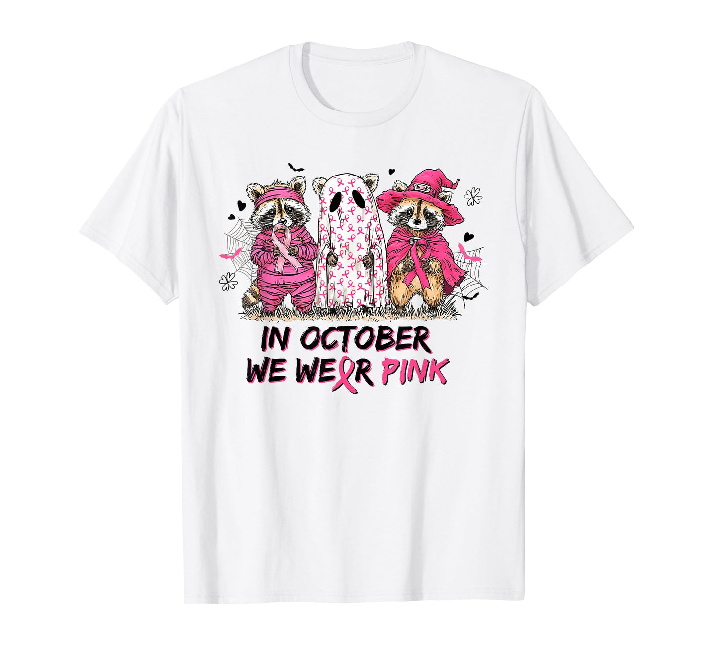 in October We Wear Pink Ghost Witch Breast Cancer Raccoons T-Shirt