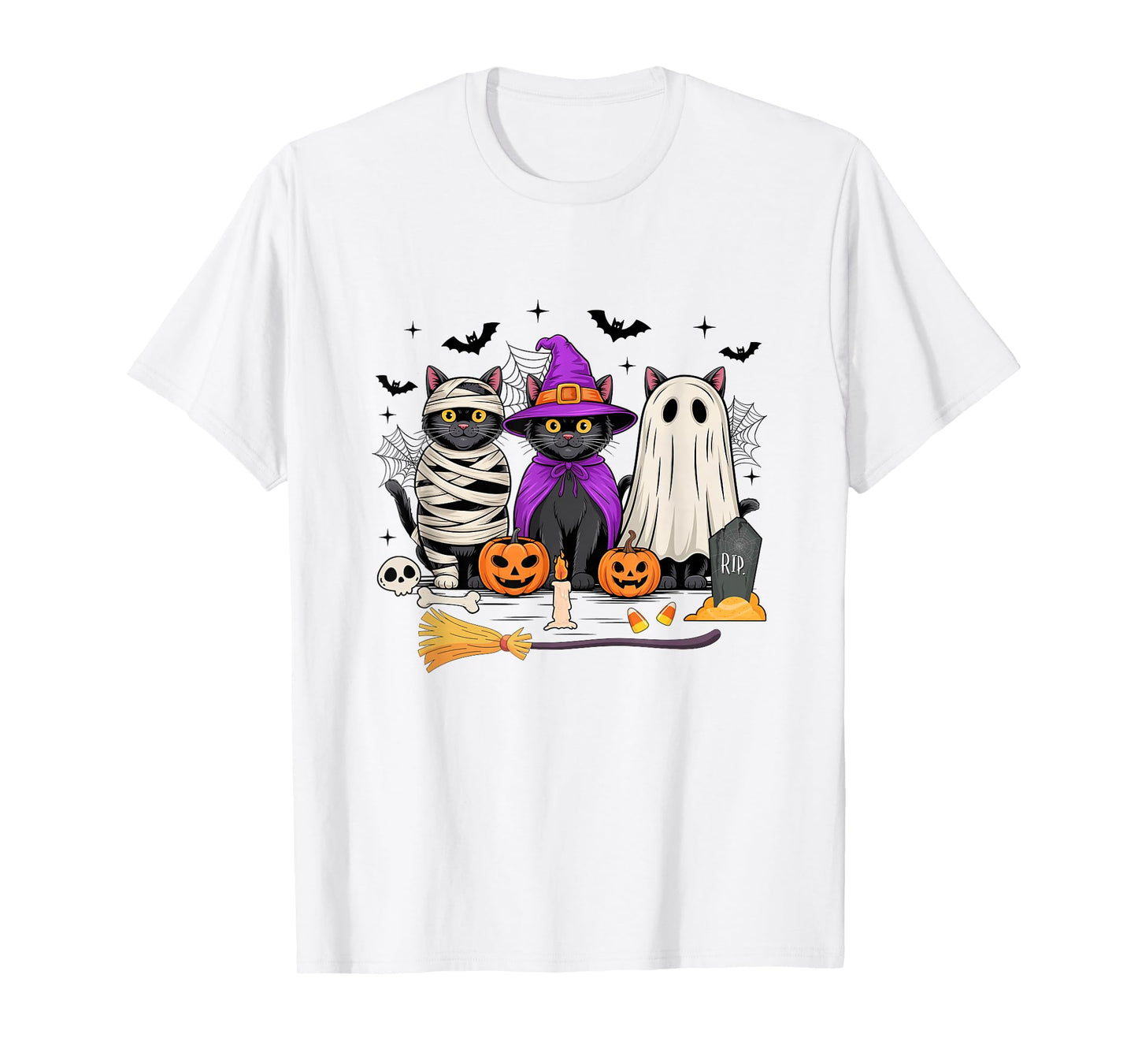 Retro Black Cat Witch Scary Halloween Pumpkin Women Men Kids T-Shirt