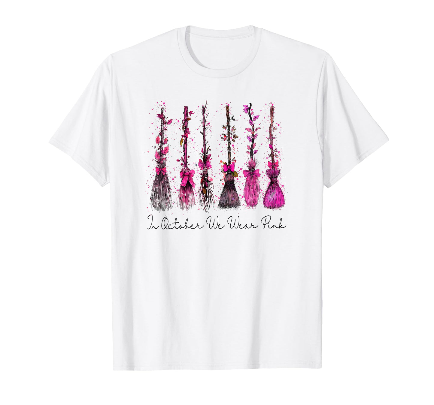 in October We Wear Pink Witches Brooms Spooky Breast Cancer T-Shirt