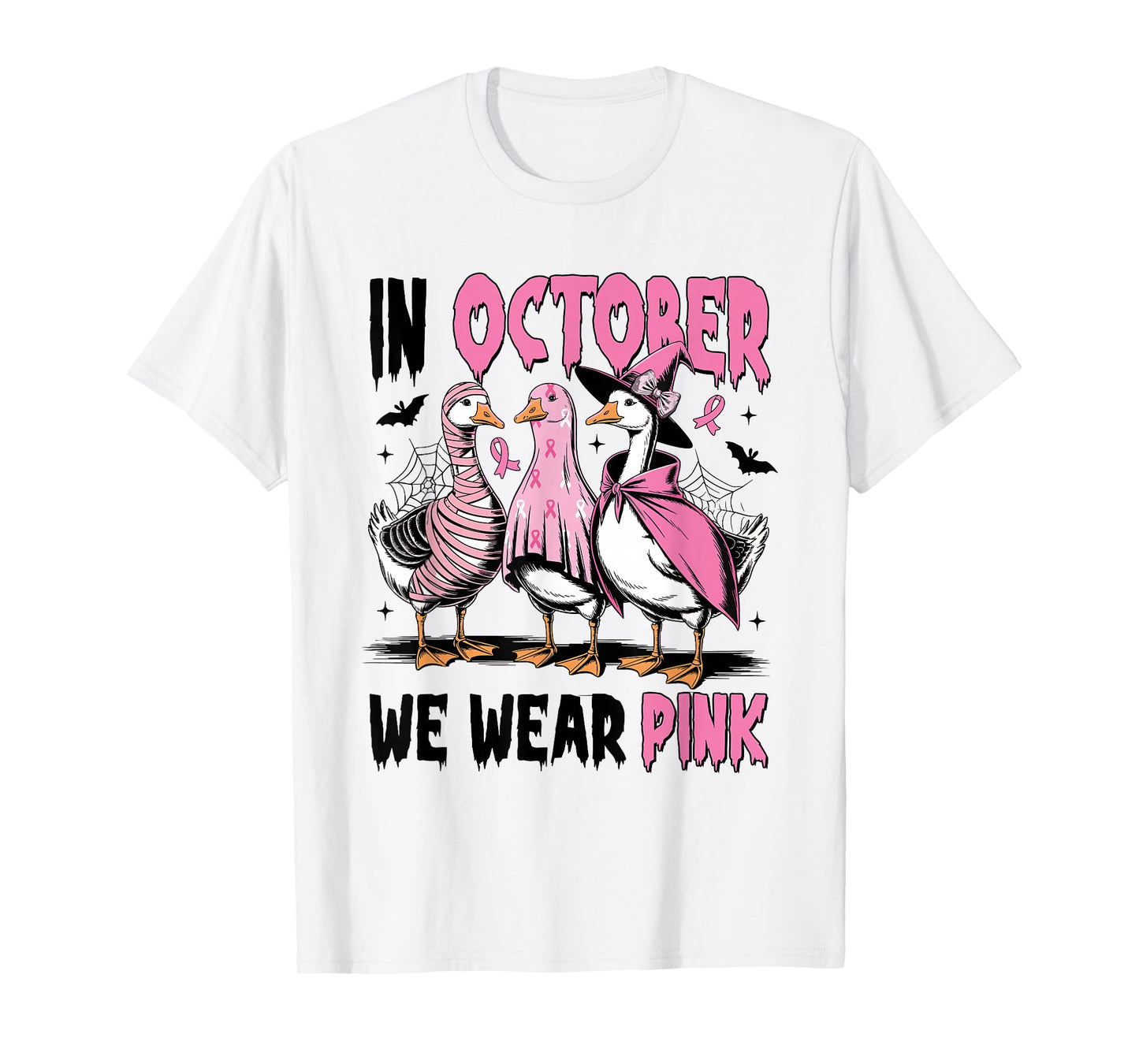 in October We Wear Pink Breast Cancer Halloween Silly Goose T-Shirt