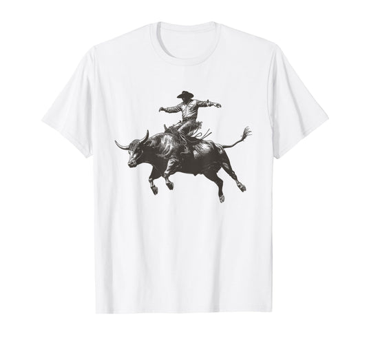 Vintage Cowboy Festival Country Music Concert Grey Cowboy Riding Bull T-Shirt - Unisex-Adults & Kids - Short Sleeve - Classic Fit - Crew Neck - Small