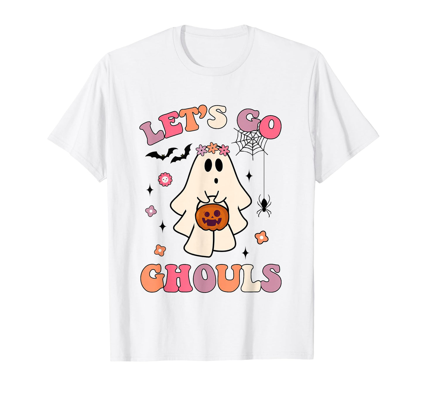 Funny Halloween Ghost Holding Pumpkin Let's Go Ghouls Groovy T-Shirt