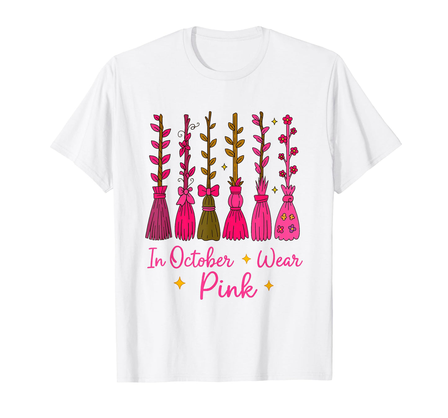 in October We Wear Pink Broom Witch Breast Cancer Awareness T-Shirt