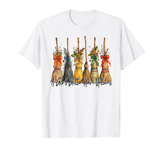 A Girl Gotta Have Options Halloween Witches Bow Floral Broom T-Shirt